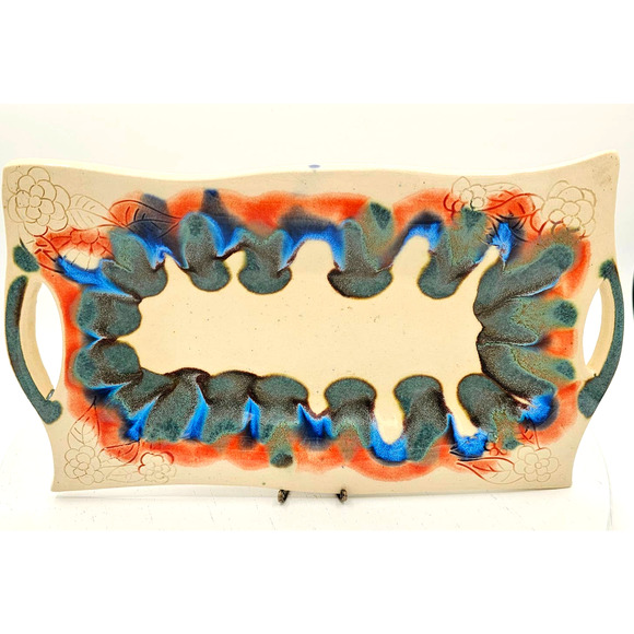 Studio Pottery Drip Glazed Trinket Dish Serving Tray with Handles 11.75x6.75 - Picture 1 of 6